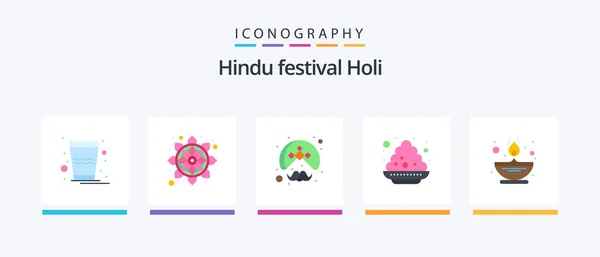 Holi Flat Icon Pack Including Fire India Indian Plate Wearing — Stok Vektör