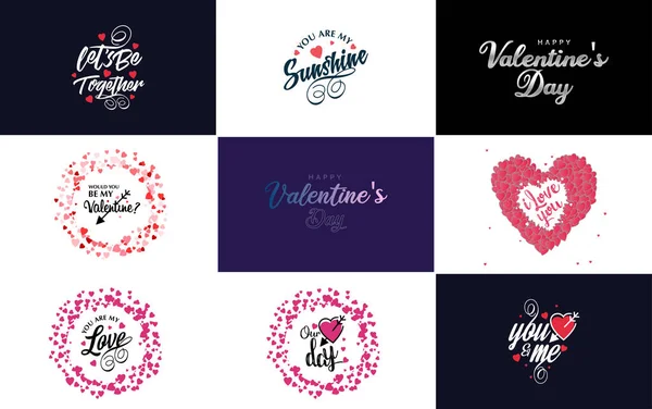 Hand Drawn Black Lettering Valentine Day Pink Hearts White Background — Vettoriale Stock