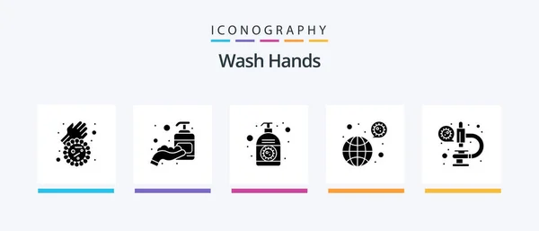 Wash Hands Glyph Icon Pack Including Virus Coronavirus Lotion Bacteria — Stockvector
