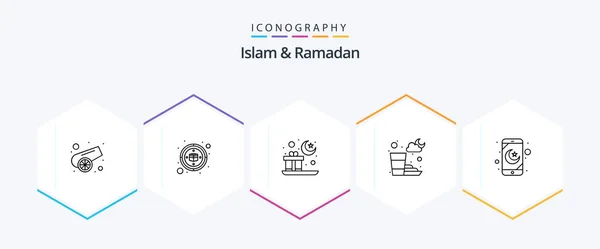 Islam Ramadan Line Icon Pack Including Mobile Application Mubarak Mobile — Vetor de Stock