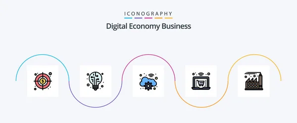 Digital Economy Business Line Filled Flat Icon Pack Including Economy — Stok Vektör