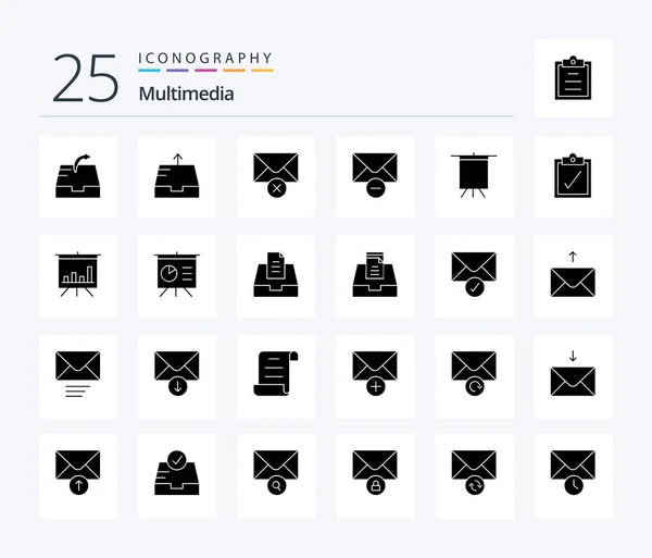 Multimedia Solid Glyph Icon Pack Including Inbox Board Message Analytics — Stockvektor