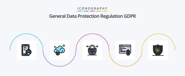 Gdpr Line Filled Flat Icon Pack Including Secure Gdpr Protection — 图库矢量图片