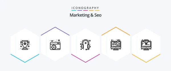 Marketing Seo Line Icon Pack Including Jewel Seo Headphone Monitor — Stock Vector