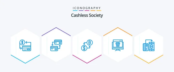 Cashless Society Blue Icon Pack Including Marketplace Computer Credit Money — Stok Vektör