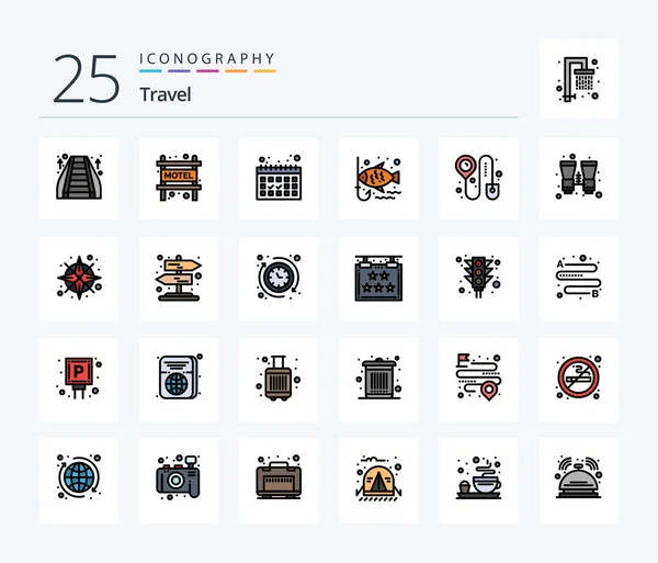 Travel Line Filled Icon Pack Including Binocular Check Dates Booking — Stok Vektör