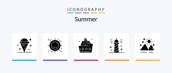 Summer Glyph Icon Pack Including Ocean Beach Sunlight Summer Sea — Vettoriale Stock