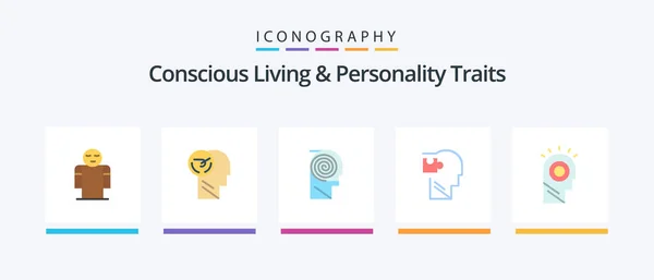 Concious Living Personality Traits Flat Icon Pack Including Puzzle Logical — Stock Vector