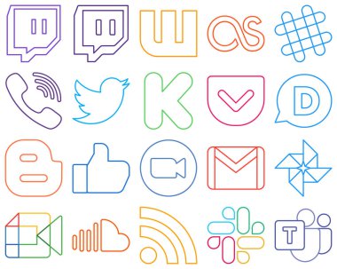 20 High-quality and modern Colourful Outline Social Media Icons such as zoom. like. tweet. blog and disqus Elegant and minimalist