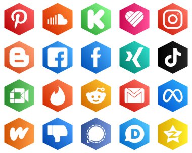 25 Versatile White Icons such as douyin. xing. meta and facebook icons. Hexagon Flat Color Backgrounds