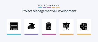 Project Management And Development Glyph 5 Icon Pack Including target. powerpoint. money. blackboard. money. Creative Icons Design