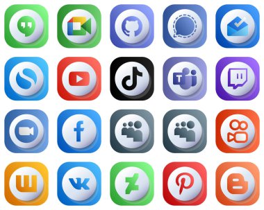 Cute 3D Gradient Social Media Brand Icon Set 20 icons such as microsoft team. china. inbox. video and tiktok icons. Editable and High-Quality