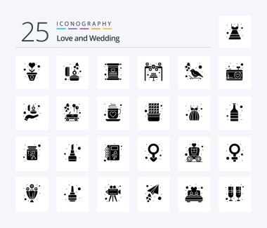 Wedding 25 Solid Glyph icon pack including bird. wedding. ring. love. wedding