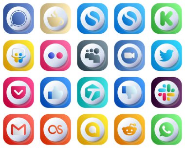 20 Cute 3D Gradient Social Media Icons for Popular Brands such as twitter. meeting. funding. video and myspace icons. High-Quality and Elegant