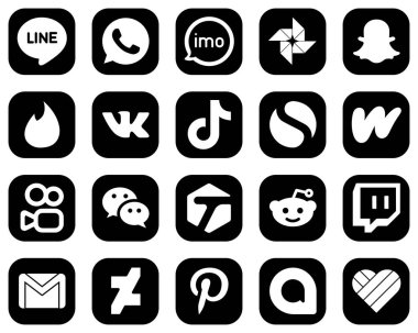 20 Elegant White Social Media Icons on Black Background such as literature. simple. tinder and video icons. Creative and eye-catching