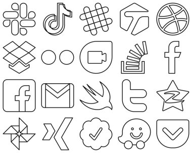 20 Modern and professional Black Line Social Media Icons such as facebook. stock. dribbble. question and google duo icons. High-definition and professional