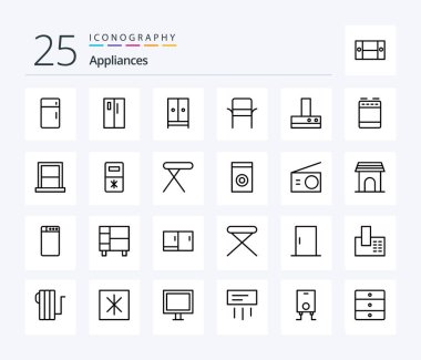 Appliances 25 Line icon pack including home. chair. refrigerator. hotel. furniture
