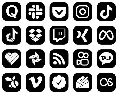 20 Customizable White Social Media Icons on Black Background such as likee. meta. douyin. xing and dropbox icons. Clean and minimalist