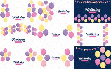 Birthday banner with frame and hand-drawn cartoon watercolor balloons symbolizing a birthday party design suitable for holiday greeting cards and birthday invitations