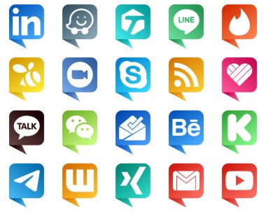 20 High Resolution Chat bubble style Social Media Icons such as wechat. likee. video. feed and chat icons. Customizable and unique