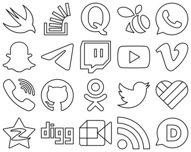 20 Innovative and professional Black Outline Social Media Icons such as video. video. whatsapp and youtube icons. Minimalist and high-resolution