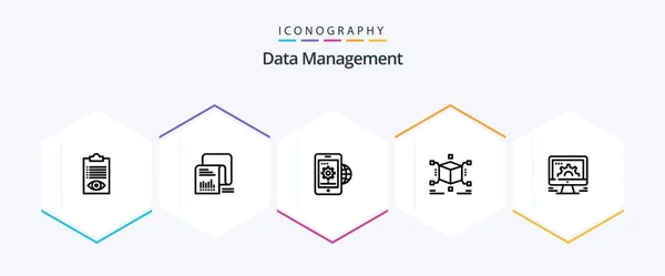 Data Management Line Icon Pack Including Setting Global Business Data — Archivo Imágenes Vectoriales