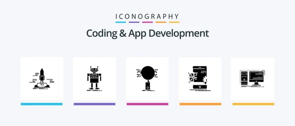 Coding App Development Glyph Icon Pack Including Application Security Artificial — Vector de stock
