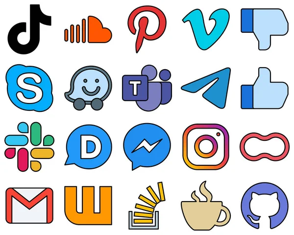 High Resolution Line Filled Social Media Icons Waze Pinterest Chat — Stok Vektör