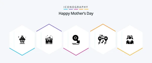 Happy Mothers Day Glyph Icon Pack Including Fly Mom Balloons — 图库矢量图片
