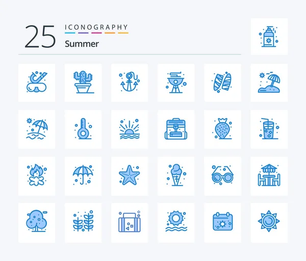 Summer Blue Color Icon Pack Including Sports Summer Beach Grill — Stockvektor