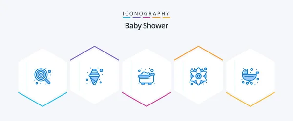 Baby Shower Blue Icon Pack Including Baby Flowers Party Decorative — Archivo Imágenes Vectoriales