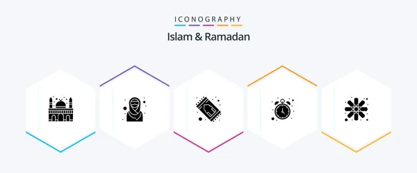 イスラームとラマダーン月25日イスラム美術を含むグリフアイコンパック 時間だ イスラム教徒だ ラマダーン — ストックベクタ