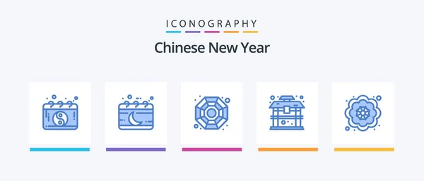 Chinese New Year Blue Icon Pack Including Flower Chinese Moon — Stockový vektor
