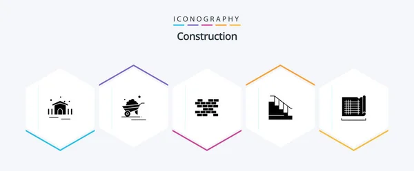 Construction Glyph Icon Pack Including Drafting Stair Wheelbarrow Home Construction — Archivo Imágenes Vectoriales