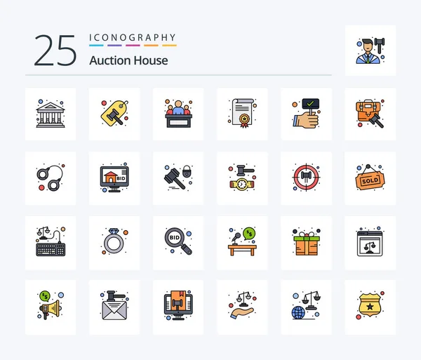 Auction Line Filled Icon Pack Including Compete Checked Tag Diploma — Stockový vektor