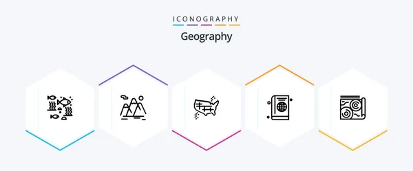 Geo Graphy Line Icon Pack Including Cover Passport Hiking America — Vettoriale Stock