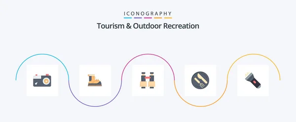 Tourism Outdoor Recreation Flat Icon Pack Including Flashlight Spoon Boot — Stock Vector