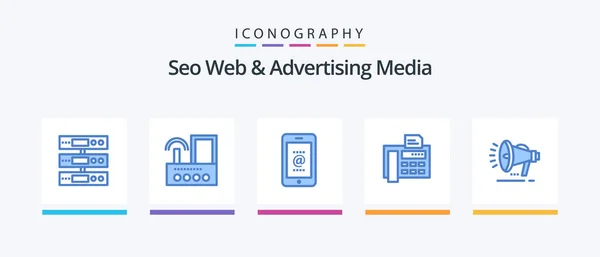 Seo Web Advertising Media Blue Icon Pack Including Typewriter Fax — 图库矢量图片