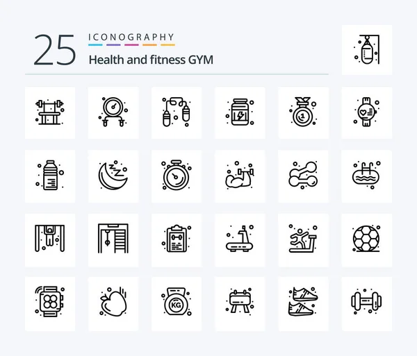 Gym Line Icon Pack Including Watch Gym Proteins Medal Badge — Vetor de Stock