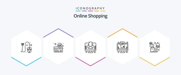 Online Shopping Line Icon Pack Including List Secure Cart Newspaper — 图库矢量图片
