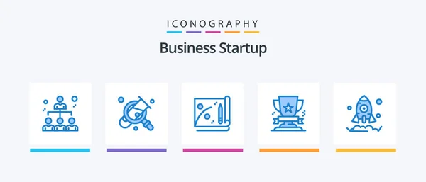 Business Startup Blue Icon Pack Including Launch Prize Achievement Medal — Stock Vector