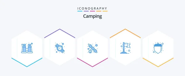 Camping Blue Icon Pack Including Nut Food Hazelnut Map — Vetor de Stock