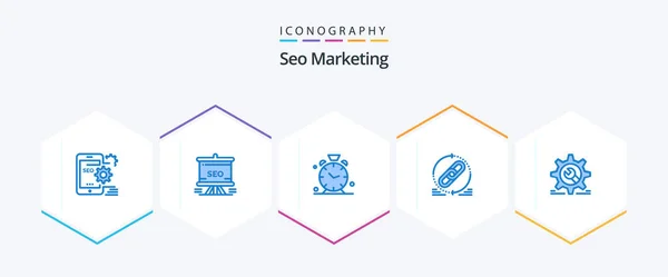 Seo Marketing Blue Icon Pack Including Web Link Analytics Time — Vettoriale Stock