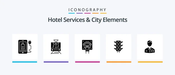 Hotel Services City Elements Glyph Icon Pack Including Bellhop Road — Image vectorielle