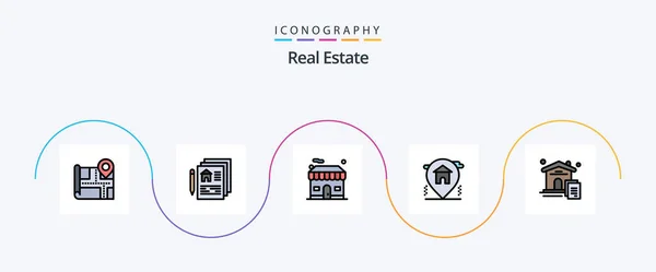 Real Estate Line Filled Flat Icon Pack Including Document Home — Vetor de Stock