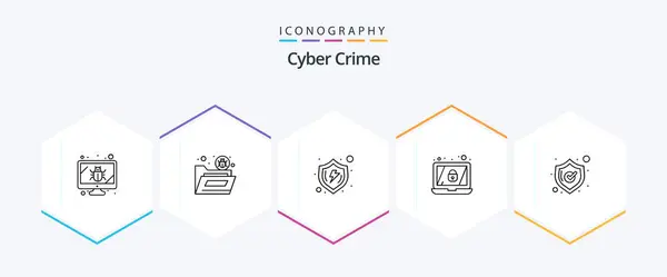 Пакет Значков Cyber Crime Line Включая Безопасность Ноутбук Вирус Шифрование — стоковый вектор