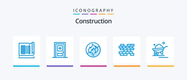 Construction Blue Icon Pack Including Trolley Barrow Fire Wall Brick — Stok Vektör