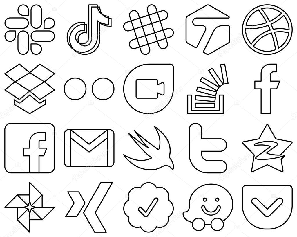 20 Modern and professional Black Line Social Media Icons such as facebook. stock. dribbble. question and google duo icons. High-definition and professional
