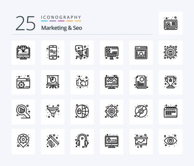 Marketing And Seo 25 Line icon pack including password. billboard. online. advertising. speaker