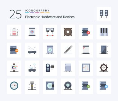 Devices 25 Flat Color icon pack including data. speaker. computers. music. pc